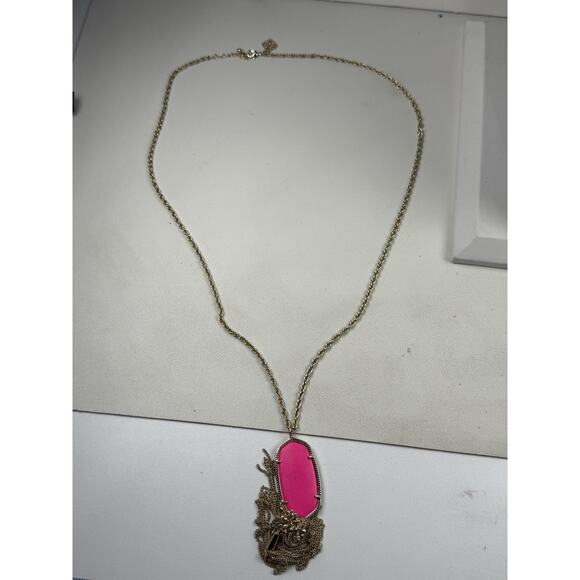 Kendra Scott Rayne Tassel Necklace 30" Gold Tone Chain Neon Pink Pendant - Picture 3 of 10